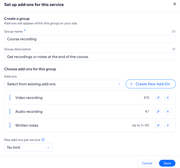 A screenshot of setting up course add-ons from your service page.
