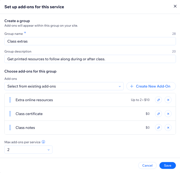 A screenshot of class add-ons on your service page.