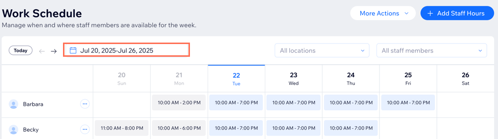 A screenshot showing how to choose the week you want to view and manage in the work schedule.