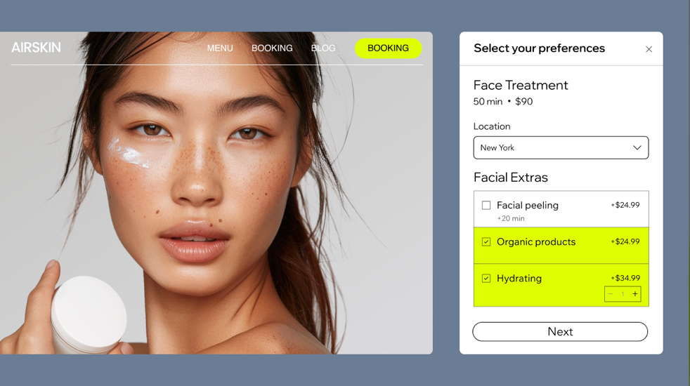 A screenshot of what customers see when booking an appointment with add-ons.
