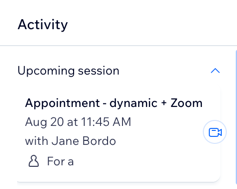 예약 활동 패널의 예정된 세션을 보여주는 스크린샷