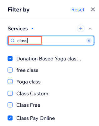 Captura de pantalla que muestra cómo filtrar el calendario de reservas por servicio.