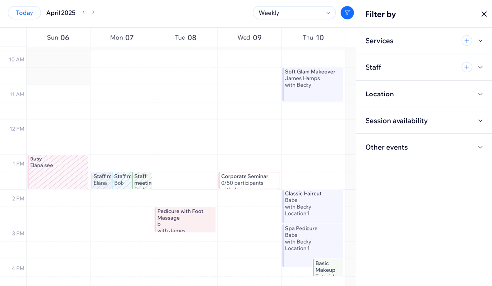 Captura de pantalla que muestra dónde filtrar en el calendario de reservas.