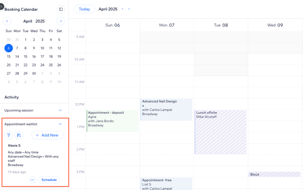 A screenshot of the booking calendar appointment waitlist.