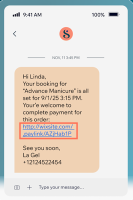 A screenshot of an SMS notification with a pay link.