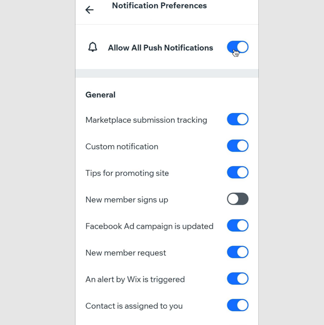 A screenshot of the Notification settings in the Wix app.