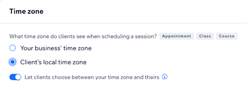 Setting the time zone display to your business time zone and deselecting the toggle to let clients choose time zones.