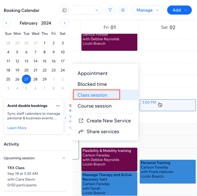 예약 캘린더에서 클래스 세션 일정을 추가하는 방법을 보여주는 스크린샷