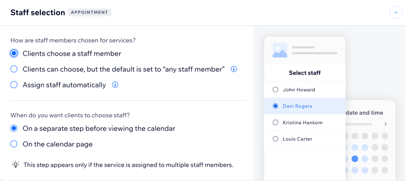 Randevu ayarlarınızdaki personel seçiminin ekran görüntüsü.