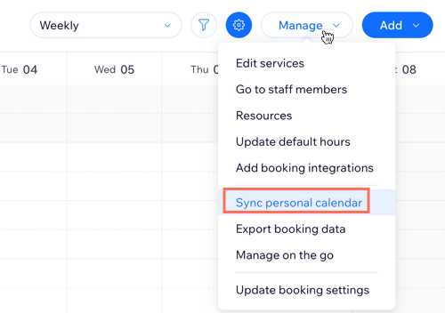 추가 작업 드롭다운에서 개인 캘린더를 동기화하는 방법을 보여주는 스크린샷