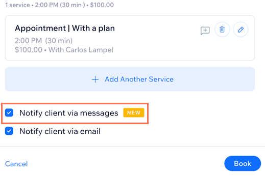 A screenshot showing booking an appointment and selecting the option to send a message notification to your client.