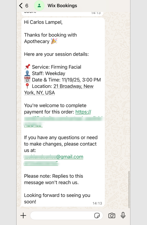 A screenshot of a WhatsApp notification to clients.