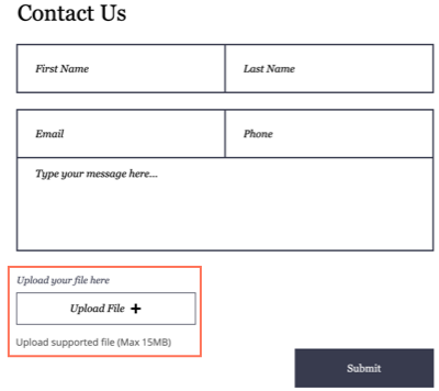 A screenshot of a Wix contact us form, with the Upload File button highlighted.