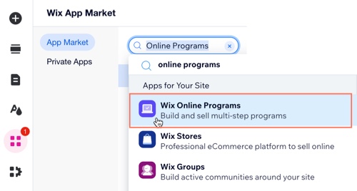 A screenshot of the Wix App Market panel when searching for Online Programs.