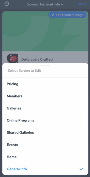 Uma captura de tela do menu dropdown Tela.