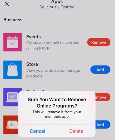 A screenshot of the Delete confirmation to remove an app.