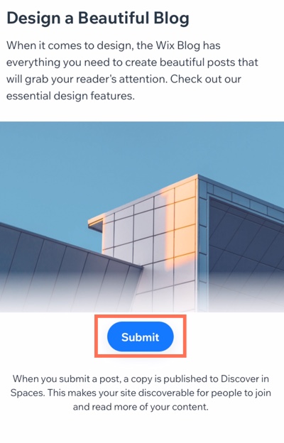 A screenshot of the panel to submit your post to the Discover tab in the Spaces by Wix app.