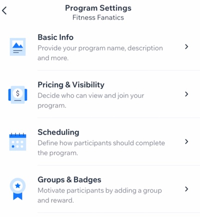 A screenshot of the Program Settings for Online Programs in the Wix Owner app.