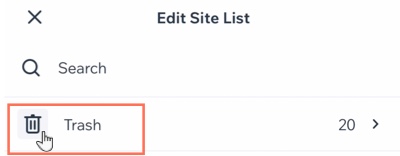 A screenshot of the Trash folder in the Wix Owner app.