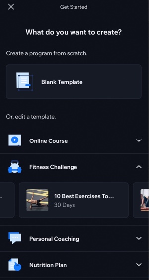 Een screenshot van de beschikbare templates voor online programma's in de Wix Owner-app.