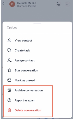 A screenshot of the More Actions panel in the Wix Owner app Inbox.