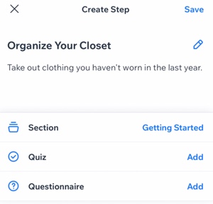 A screenshot of adding a step in the Wix Owner app.