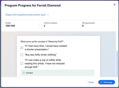 Capture d'écran du panneau de progression du programme pour les participants.