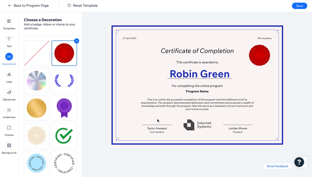 A screenshot of the Certificate builder.