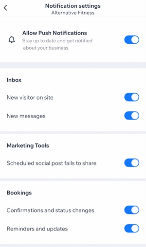 Screenshot der Benachrichtigungseinstellungen in der Wix Owner App