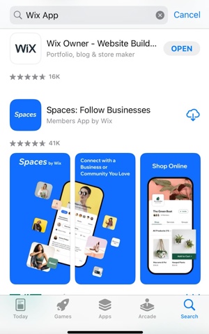 Screenshot des App-Stores von Apple, es wird nach den Apps von Wix gesucht