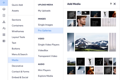 Captura de pantalla de cómo agregar galerías Wix Pro desde el Editor de Wix Studio.