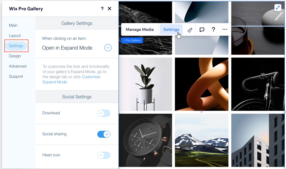 Captura de pantalla del panel de ajustes de la Galería Wix Pro en el Editor de Wix Studio.