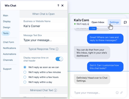 Een screenshot van het instellingenpaneel van Wix Chat.