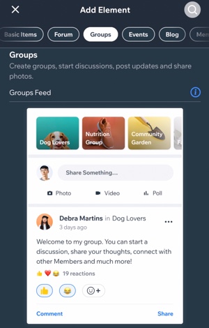 Screenshot des Gruppen-Feed-Elements in der Wix Owner App