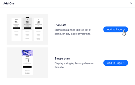 A screenshot of the Plans & Pricing Add-Ons panel.