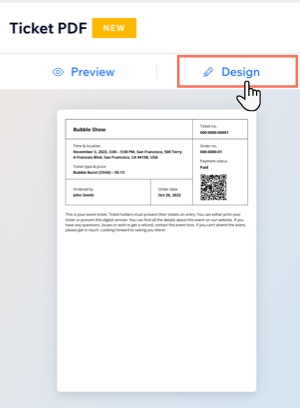 A screenshot of the Ticket PDF Design panel.