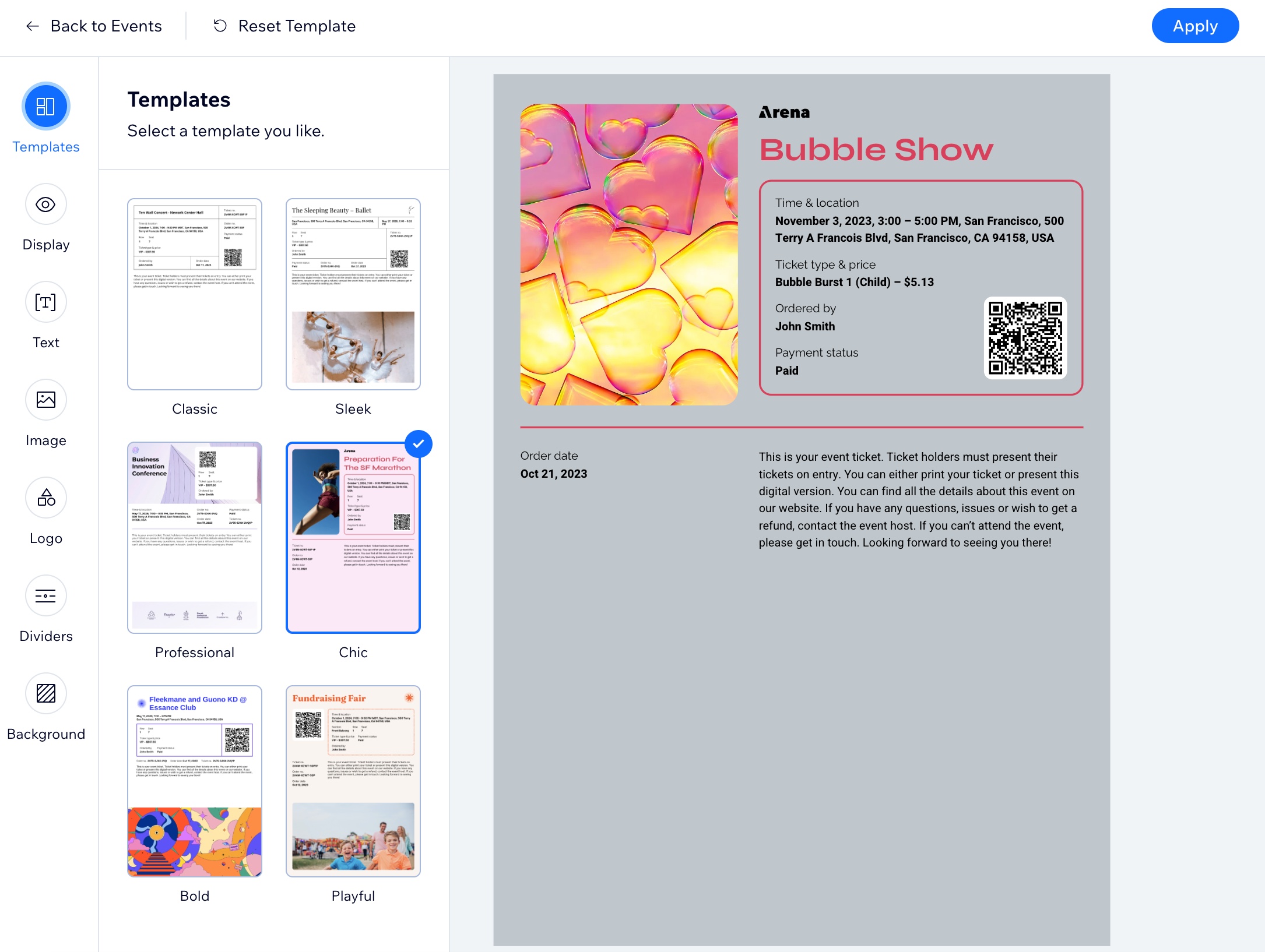 Screenshot des Design-Panels für das Ticket-PDF.