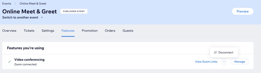 A screenshot of an example to Disconnect a Zoom account from an event.