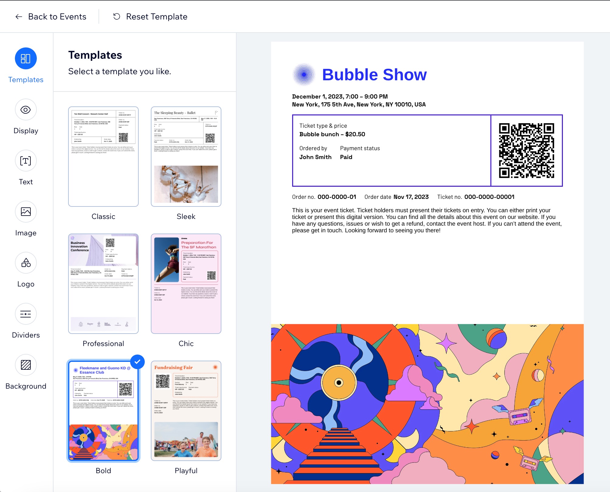 Screenshot delle opzioni del pannello Design per il PDF di un biglietto