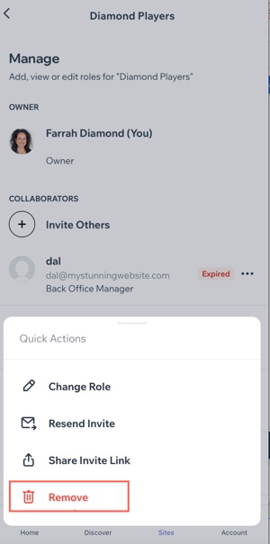 A screenshot of Removing a collaborator from a site in the Wix Studio app.