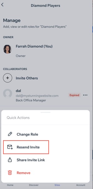 A screenshot of Resending an invite to collaborate on a site in the Wix Studio app.