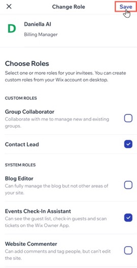 A screenshot of changing a role for a collaborator in the Wix Studio app.