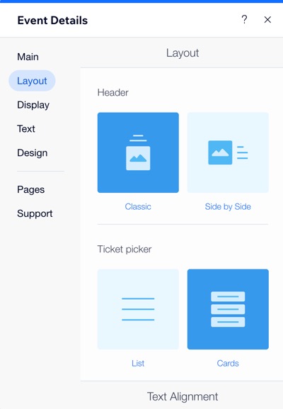 Uma captura de tela da aba Layout nas configurações de Informações do evento.