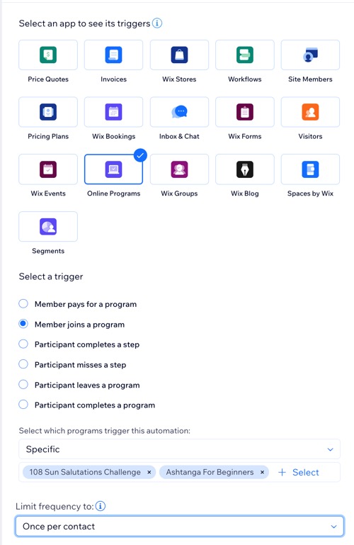 A screenshot of the Trigger panel in automations of a site's dashboard.