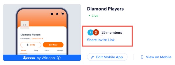 A screenshot of the member count in the Mobile App section of a site's dashboard.