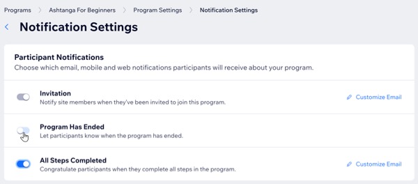 A screenshot of the Online Programs Notification panel in a sites dashboard.