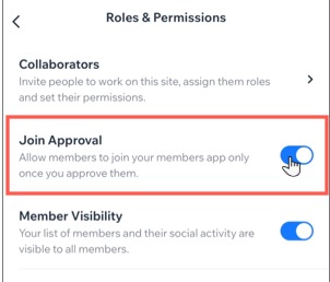 A screenshot of the Roles & Permissions screen in the Wix Owner app.