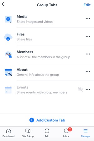 Une capture d'écran du panneau des onglets du groupe dans l'appli Wix Owner.