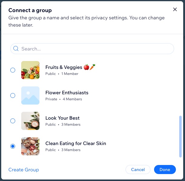 A screenshot of the Connect a group panel in a site's dashboard.