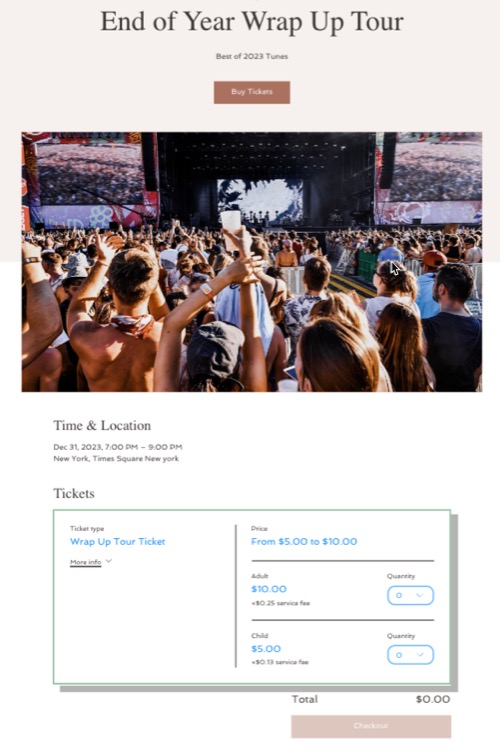 Een screenshot van de Evenementdetails-pagina geeft ticketinformatie weer.